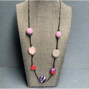 Multicolor Beaded Necklace 24 In As Is Black Cord Pink Gray Red Purple Handmade